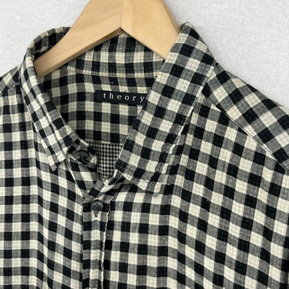 THEORY Shirt Mens XL Cotton Wool Gauze Gingham Check Button Up Double Face Black - Picture 6 of 16